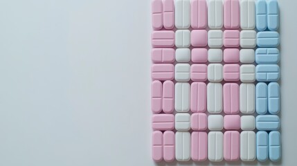 Colorful Arrangement of Pastel Tablets in Pink, White, and Blue on a Clean Background