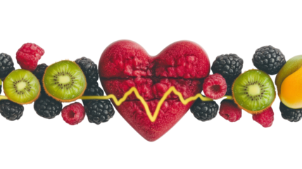 Colorful Fruit Heart Illustration Representing Health and Vitality with Heartbeat Line Design
