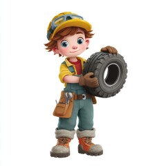 Cartoon character mechanic with orange cap and green overalls holding tire in colorful and cheerful setting