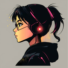 Animated young woman with glasses and headphones listens to music Generative AI