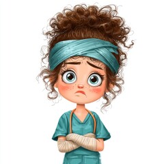 Concerned hospital staff member with curly hair in scrubs, looking anxiously at the camera in a healthcare setting