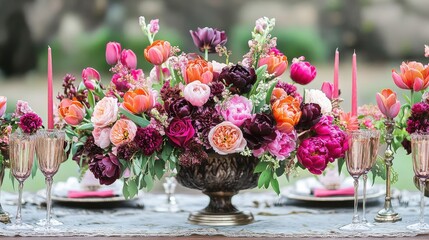 Fototapeta premium Bountiful flower arrangements with tulips, roses, and carnations on a garden table setting