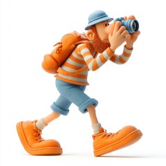 Playful cartoon character capturing nature images with camera, wearing orange shoes, a striped shirt, and a blue hat and backpack