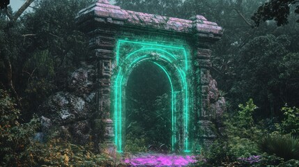Obraz premium Ancient stone archway, glowing teal portal, misty forest