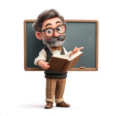 Cartoon teacher character with glasses and beard holding a book in front of a blackboard, engaging in an educational moment