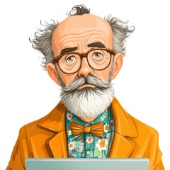 Thoughtful elderly man with glasses and stylish beard holding laptop while wearing a colorful outfit and bow tie