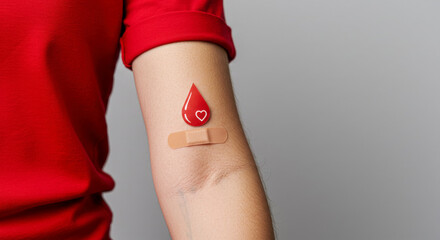 Blood donation concept arm with bandage and blood drop for save life campaign day