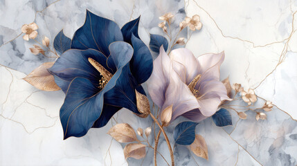 Elegant decorative dark blue and light purple flower with golden details and light marbel background in 3D oil painting style for modern interior and digital wallpaper design	