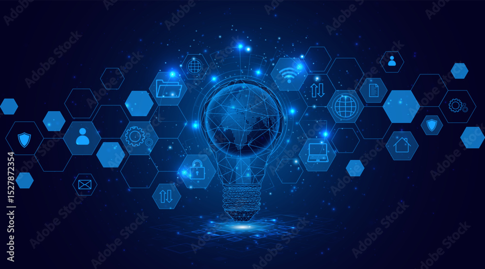Poster electric light bulb or creative light bulb with a globe or world map inside. global internet connect