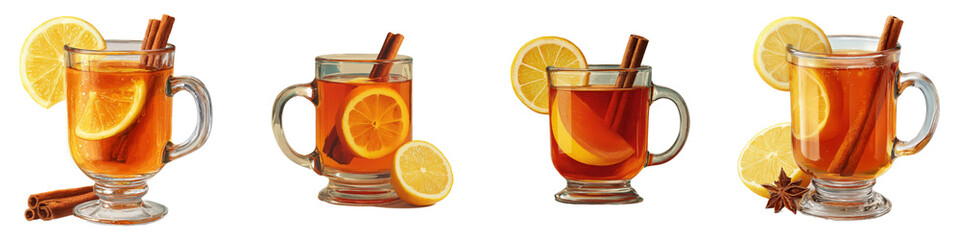 Warm Spicy Drink with Cinnamon and Lemon in Clear Glass Mugs