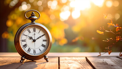 Classic Roman Numeral Clock on Wooden Surface with Autumn Background and Sunlight