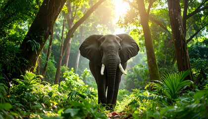 Fototapeta premium Elephant Walking Through Lush Tropical Forest with Sunlit Canopy
