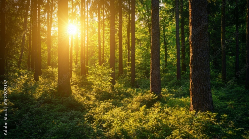 Poster a beautiful forest scene with tall trees and dappled sunlight filtering through the leaves, highligh