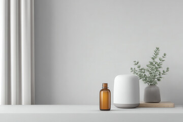 serene minimalist space for aromatherapy featuring single essential oil bottle elegantly positioned on one side