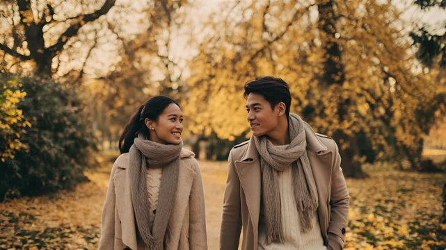Young asian couple smiles at each other during a romantic walk in a park with colorful autumn leaves