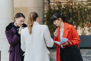 Three professional women engaged in conversation outside, sharing ideas and referencing notes.
