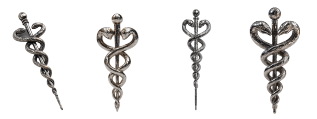 Silver Medical Caduceus Symbols with Serpents and Staff Design