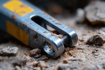 A close-up shot of a rusty tool partially buried in sandy ground, showcasing the passage of time through neglect and natural elements, provoking thoughts of history and forgotten labor.