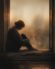 A figure curled up on a window seat while raindrops fall outside, muted tones expressing introspection