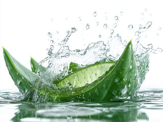 Fresh aloe vera leaves splash in clear water, creating refreshing and vibrant scene. green leaves and water droplets convey sense of purity and natural beauty