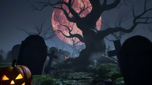 Halloween graveyard scene night with a glowing blood-red moon behind a silhouetted tree