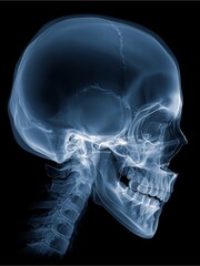 Oblique X-ray view of human skull, emphasizing nasal and orbital regions, scientific detail and realistic bone imaging