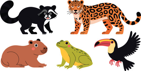 Cartoon Amazon rainforest animals vector illustration, featuring jaguar, raccoon, capybara, frog, toucan, colorful jungle wildlife flat design