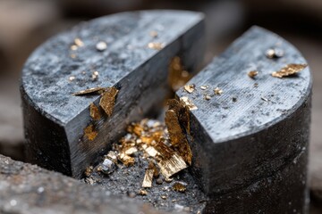 An artistic view of a metal block with golden shavings scattered around, highlighting precision machining and the beauty found in manufacturing processes and craftsmanship.