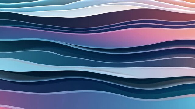 Abstract artistic motion of wavy colorful layered paper cut lines with flowing animation effect, pastel tones and smooth curves forming modern background design