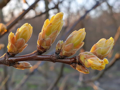 Budding tree branch with yellow and orange buds in early spring, close up view, showcasing nature renewal and growth. soft light highlights delicate textures - Powered by Adobe
