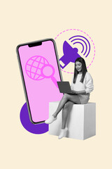 Pop vertical photo collage of happy freelancer girl sit phone screen networking hold laptop device web connection bell notification