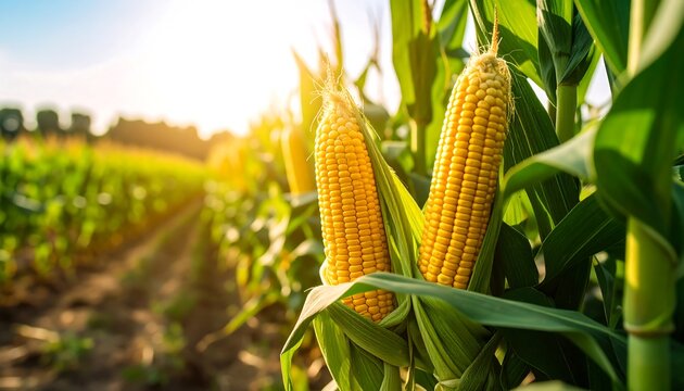 Sunlight shines on golden corn cobs in a lush green cornfield at harvest time, creating warmth.