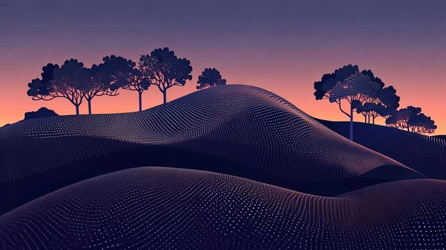 Silhouetted trees on a hillscape with a dotted mesh texture. Sunset hues