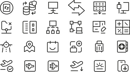 Comprehensive Set of 30 Travel & Technology Icons Airport, Data Transfer, Network, and More - 173.eps Vector Pack