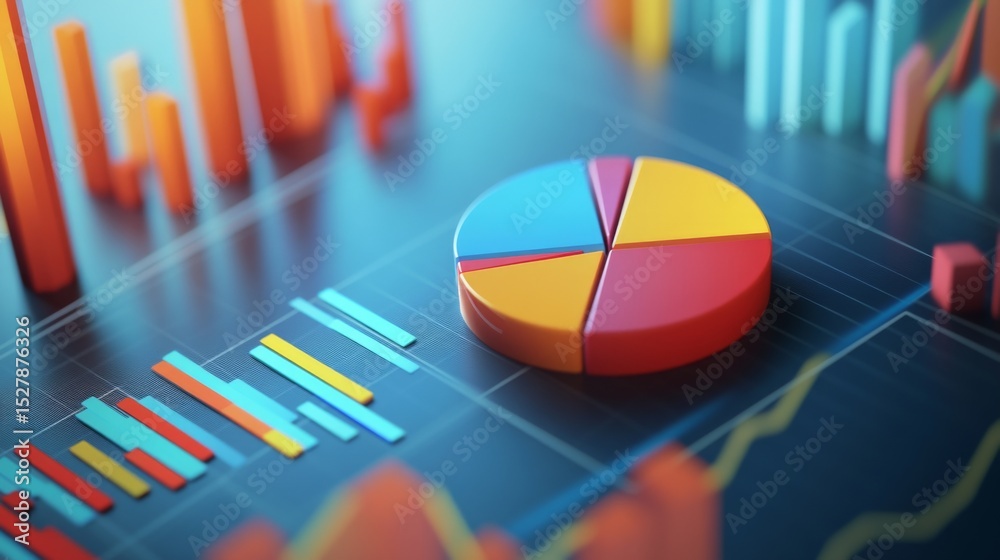 Poster a close-up of a d graph with bar, line, and pie chart elements, symbolizing business growth and anal