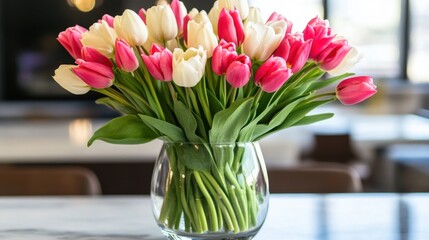Elegant glass vase filled with fresh tulips in pink and white, placed on a marble table in natural light