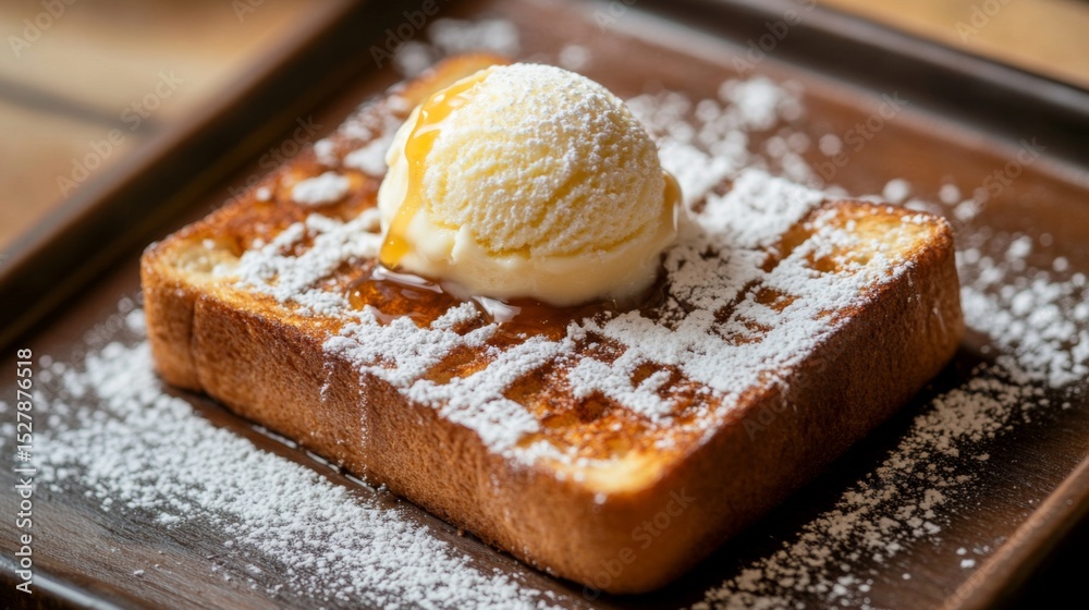 Poster a close-up of a beautifully presented honey toast topped with a scoop of vanilla ice cream, drizzled