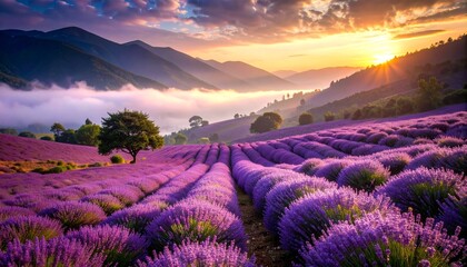 Fototapeta premium Misty lavender valley shrouded in twilight fog, deep violet shadows stretch across rolling hills beneath a brooding sky, serene and cinematic 