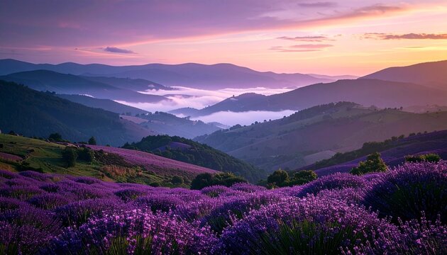 Misty lavender valley shrouded in twilight fog, deep violet shadows stretch across rolling hills beneath a brooding sky, serene and cinematic 