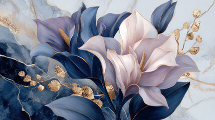 Elegant decorative soft pastel white and blue calla flower with gold accents and marble background in 3D oil painting style for modern wall art and interior design