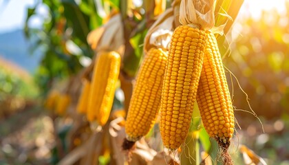 Ripe corn cobs on the stalk bask in the golden sunlight, promising a bountiful autumn harvest.