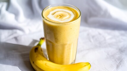 Banana smoothie with fresh milk in a clear glass with milk poured on it and banana placed on the side of the glass on a white background.