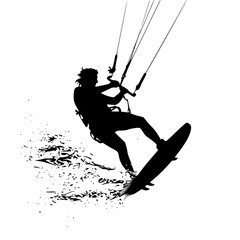 a black and white silhouette of a person holding onto a rope black, board, hold, man, person, rope, silhouette, water , Generative art.