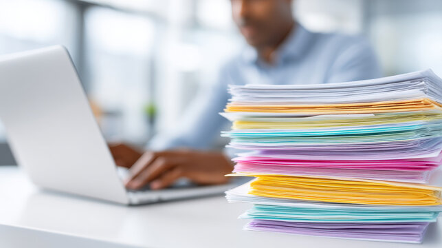 Customer is working on laptop with large stack of colorful documents nearby, highlighting importance of organized service and health insurance management in busy office environment