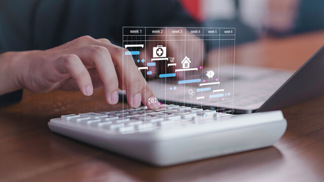 Financial planning and budgeting concept, professional calculating expenses and managing project timelines with digital Gantt chart interface