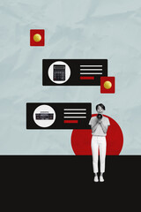 Picture trend collage of person shout loudspeaker stand under box with boom box calculator on blue background