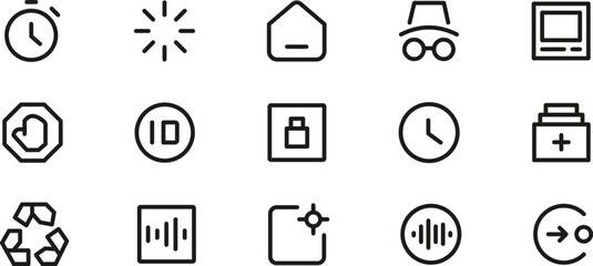 Collection of Minimalist Line Icons Stopwatch, Brightness, House, Glasses, Monitor, and More