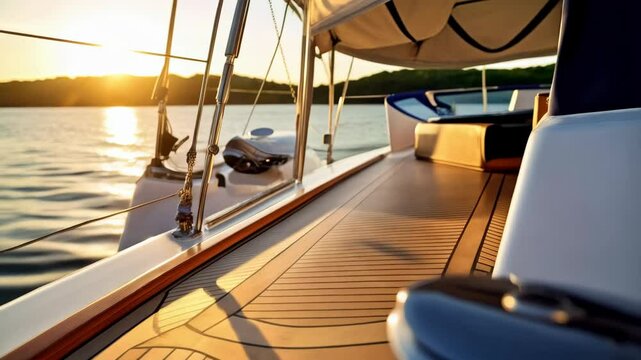 Sailboat rigging winch with rope on the teak deck at sunset reflecting on the sea surface