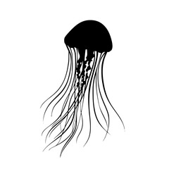 a black silhouette of a jellyfish on a white background animal, black, design, icon, jellyfish, silhouette , Generative art.