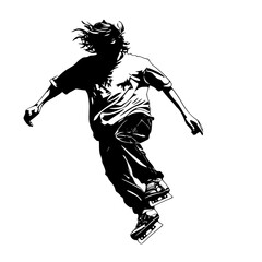 a black and white drawing of a young man riding a skateboard black, boy, drawing, man, person, ride, silhouette, skateboard, skateboarder, young , Generative art.